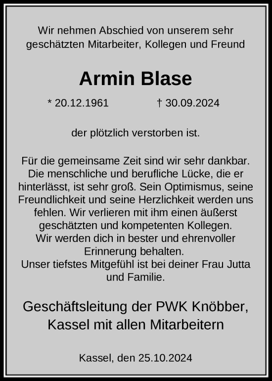 Todesanzeige von Armin Blase von HNA