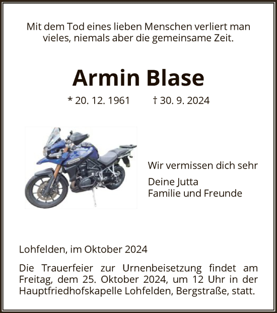 Todesanzeige von Armin Blase von HNA