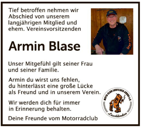 Todesanzeige von Armin Blase von HNA