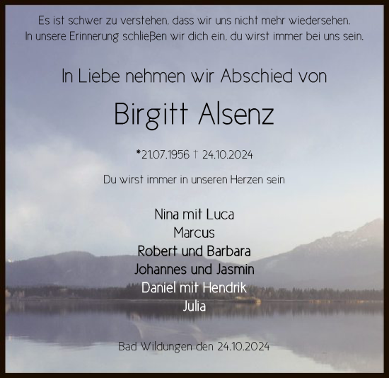 Todesanzeige von Birgitt Alsenz von HNA