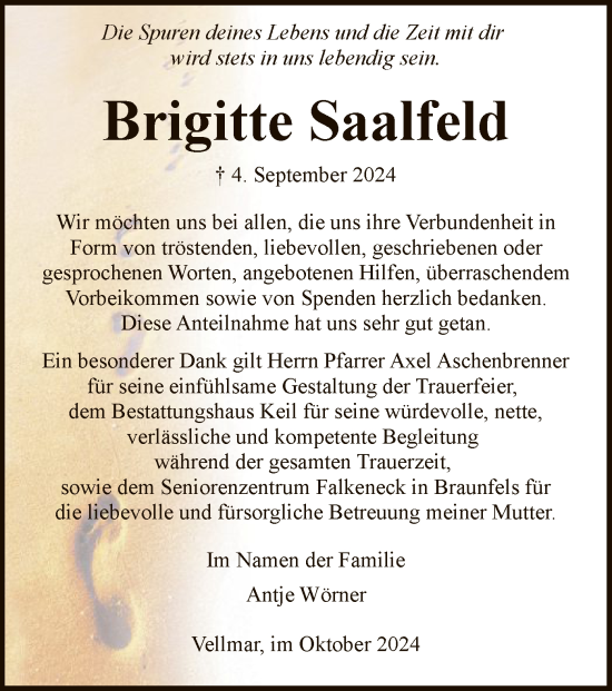 Todesanzeige von Brigitte Saalfeld von HNA