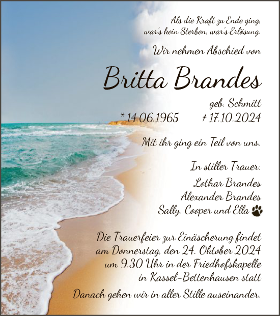 Todesanzeige von Britta Brandes von HNA