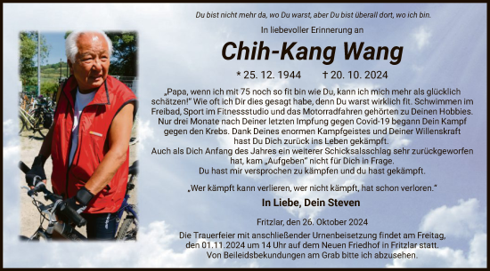 Todesanzeige von Chih-Kang Wang von HNA