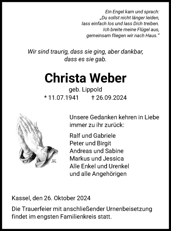 Todesanzeige von Christa Weber von HNA