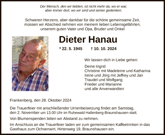 Todesanzeige von Dieter Hanau von HNA