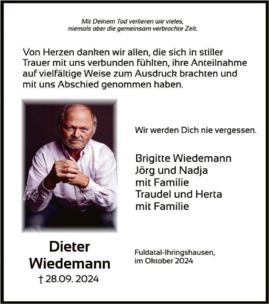 Todesanzeige von Dieter Wiedemann von HNA