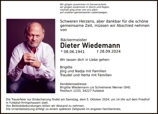 Todesanzeige von Dieter Wiedemann von HNA