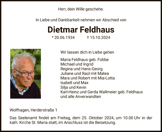 Todesanzeige von Dietmar Feldhaus von HNA