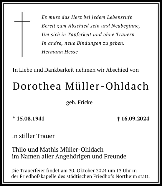 Todesanzeige von Dorothea Müller-Ohldach von HNA