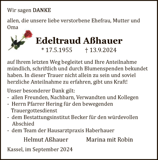 Todesanzeige von Edeltraud Aßhauer von HNA