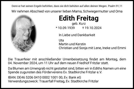 Todesanzeige von Edith Freitag von HNA