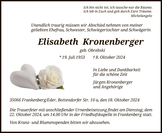 Todesanzeige von Elisabeth Kronenberger von HNA