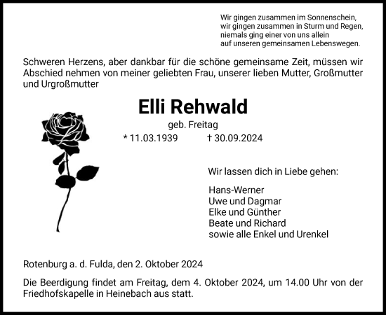 Todesanzeige von Elli Rehwald von HNA