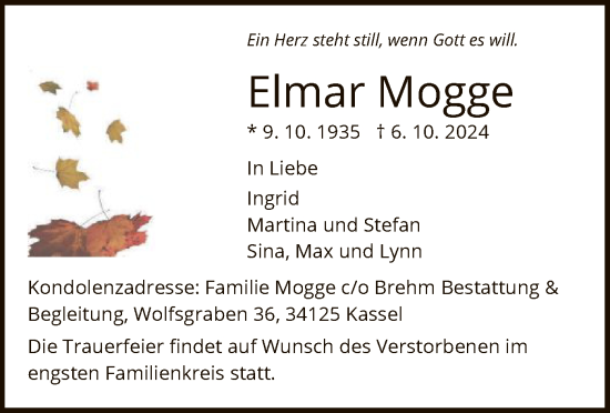 Todesanzeige von Elmar Mogge von HNA