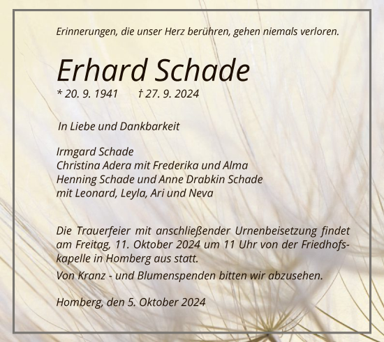 Todesanzeige von Erhard Schade von HNA