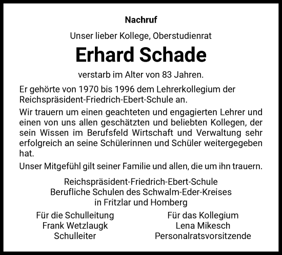 Todesanzeige von Erhard Schade von HNA