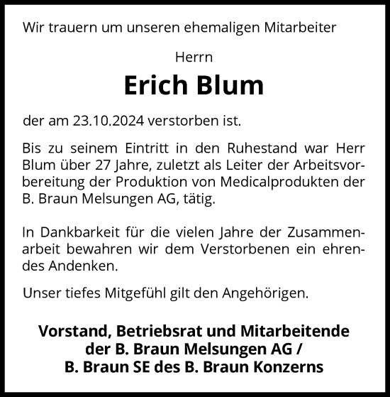 Todesanzeige von Erich Blum von HNA