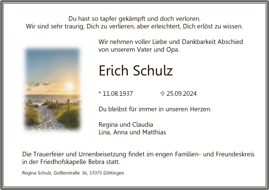 Todesanzeige von Erich Schulz von HNA