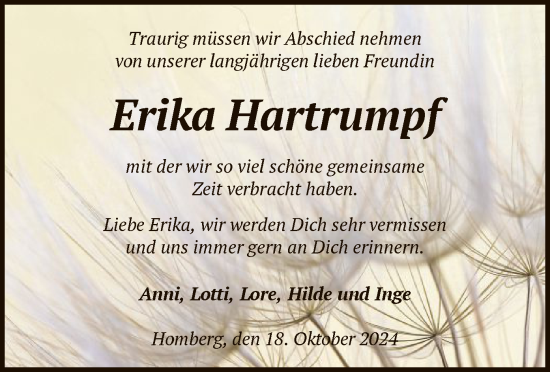 Todesanzeige von Erika Hartrumpf von HNA