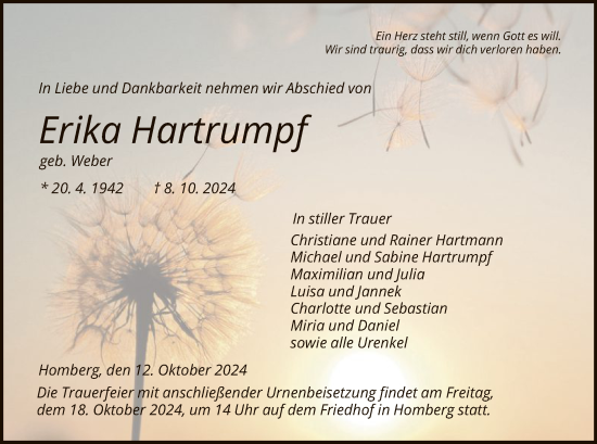 Todesanzeige von Erika Hartrumpf von HNA