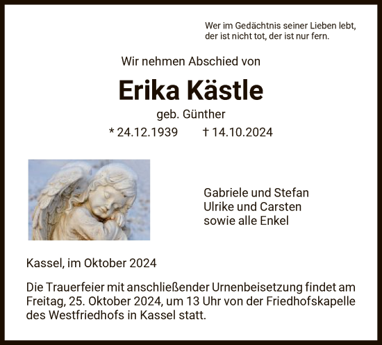 Todesanzeige von Erika Kästle von HNA