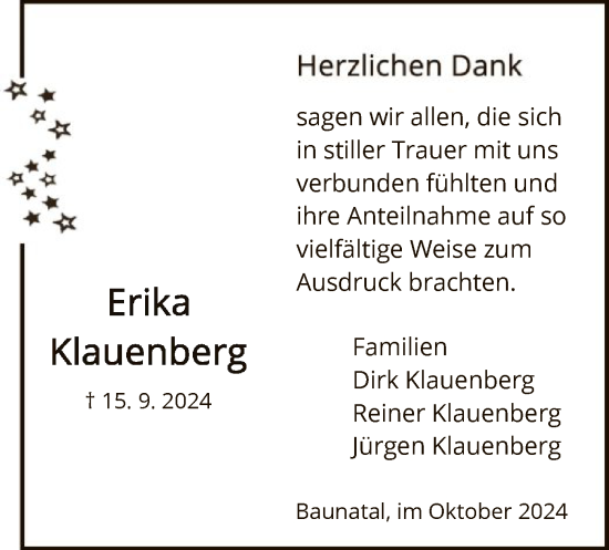 Todesanzeige von Erika Klauenberg von HNA