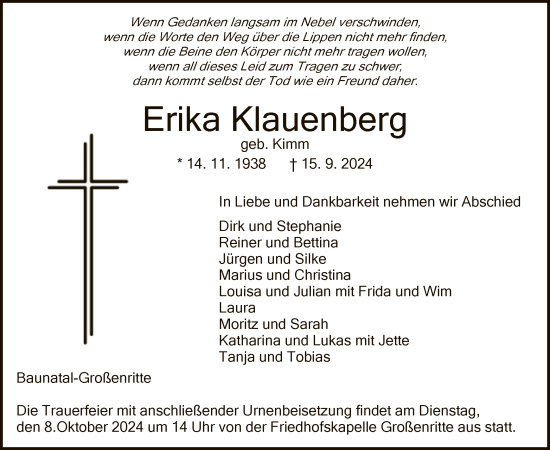 Todesanzeige von Erika Klauenberg von HNA