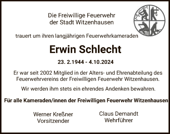 Todesanzeige von Erwin Schlecht von HNA