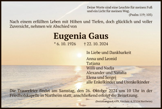 Todesanzeige von Eugenia Gaus von HNA