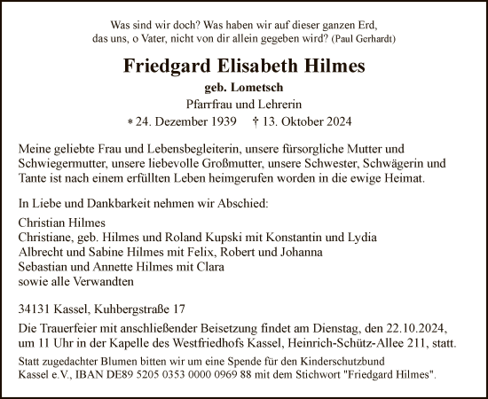 Todesanzeige von Friedgard Elisabeth Hilmes von HNA