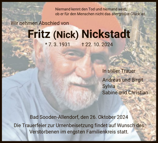 Todesanzeige von Fritz  Nickstadt von HNA