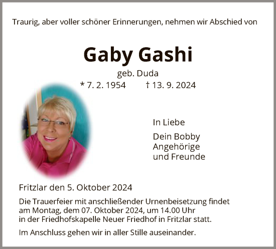 Todesanzeige von Gaby Gashi von HNA