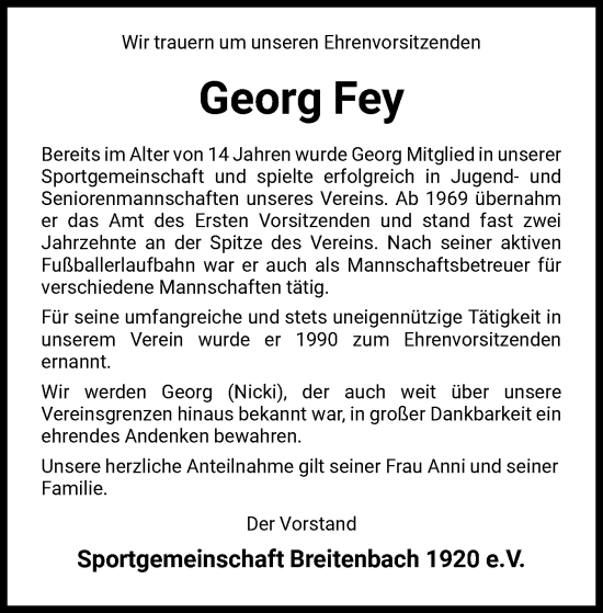 Todesanzeige von Georg Fey von HNA