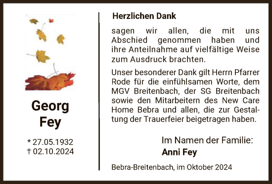 Todesanzeige von Georg Fey von HNA