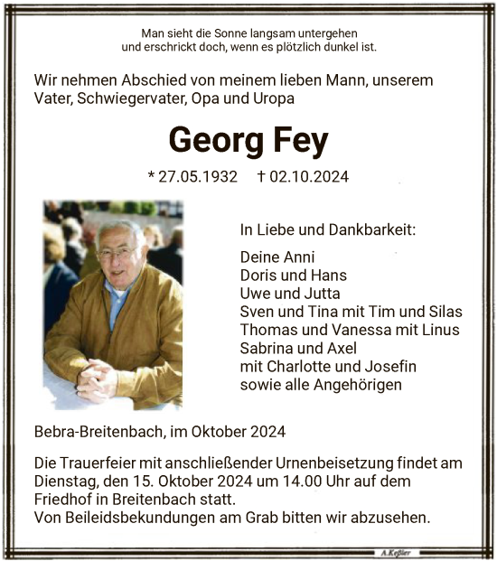 Todesanzeige von Georg Fey von HNA