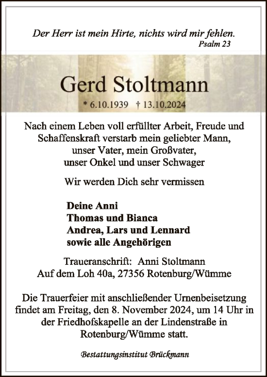 Todesanzeige von Gerd Stoltmann von HNA