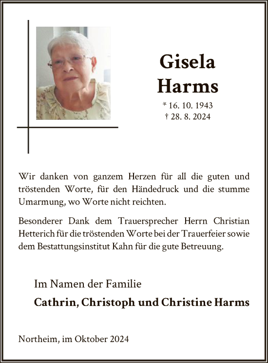 Todesanzeige von Gisela Harms von HNA