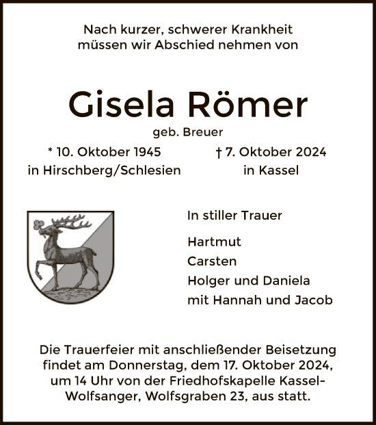 Todesanzeige von Gisela Römer von HNA