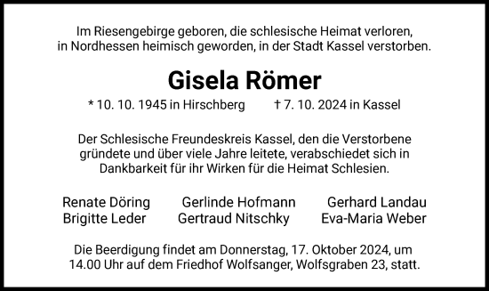 Todesanzeige von Gisela Römer von HNA