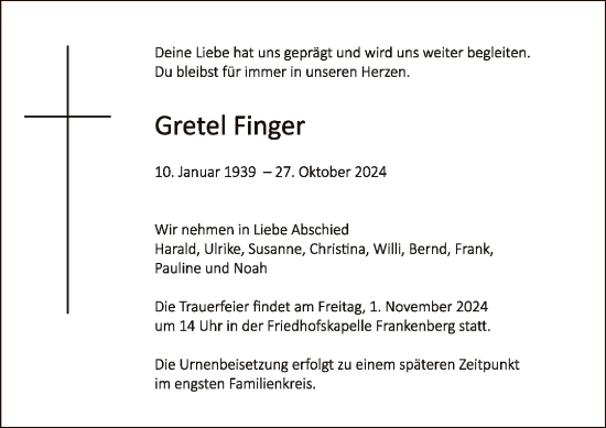 Todesanzeige von Gretel Finger von HNA