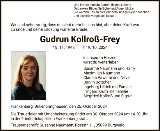 Todesanzeige von Gudrun Kollroß-Frey von HNA