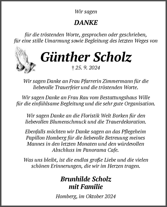 Todesanzeige von Günther Scholz von HNA