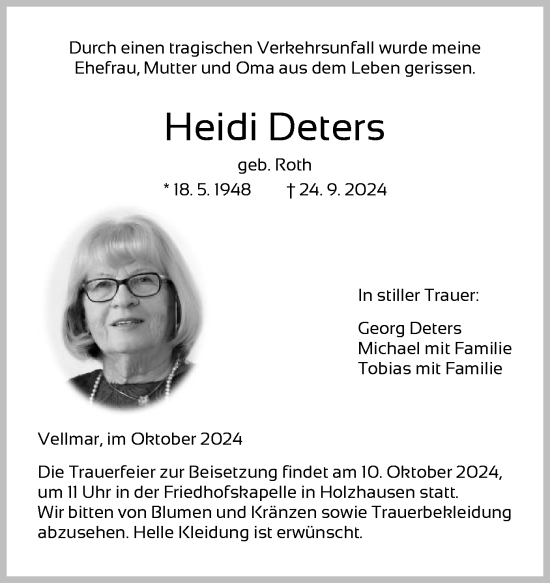 Todesanzeige von Heidi Deters von HNAHNA