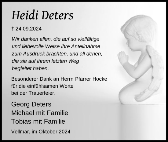 Todesanzeige von Heidi Deters von HNAHNA