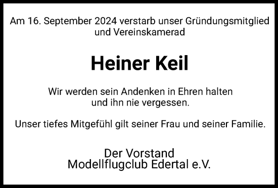 Todesanzeige von Heiner Keil von HNA