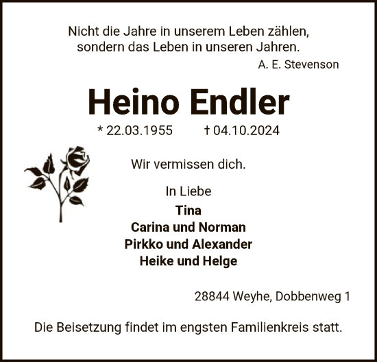 Todesanzeige von Heino Endler von HNA