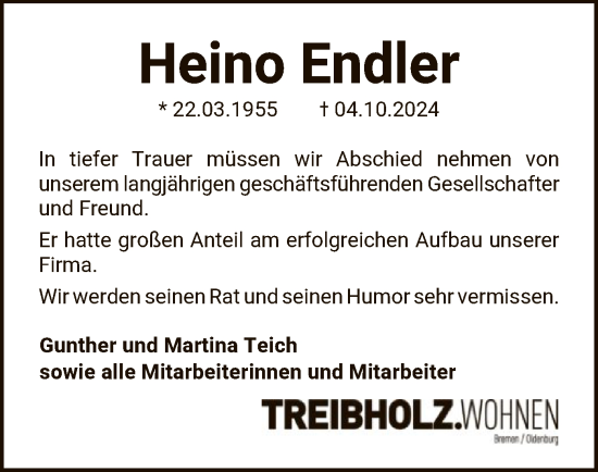 Todesanzeige von Heino Endler von HNA