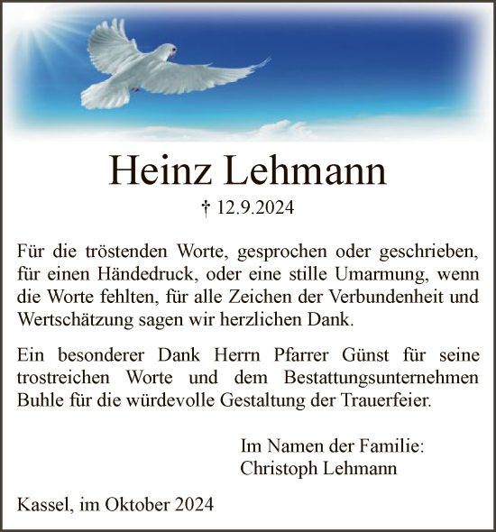 Todesanzeige von Heinz Lehmann von HNA