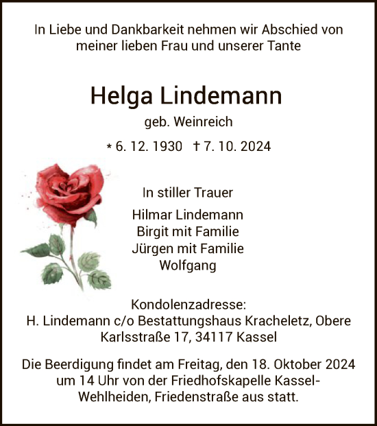 Todesanzeige von Helga Lindemann von HNA