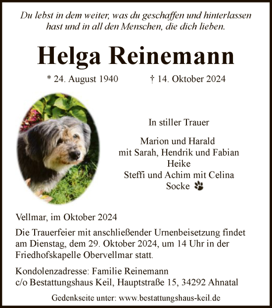 Todesanzeige von Helga Reinemann von HNA